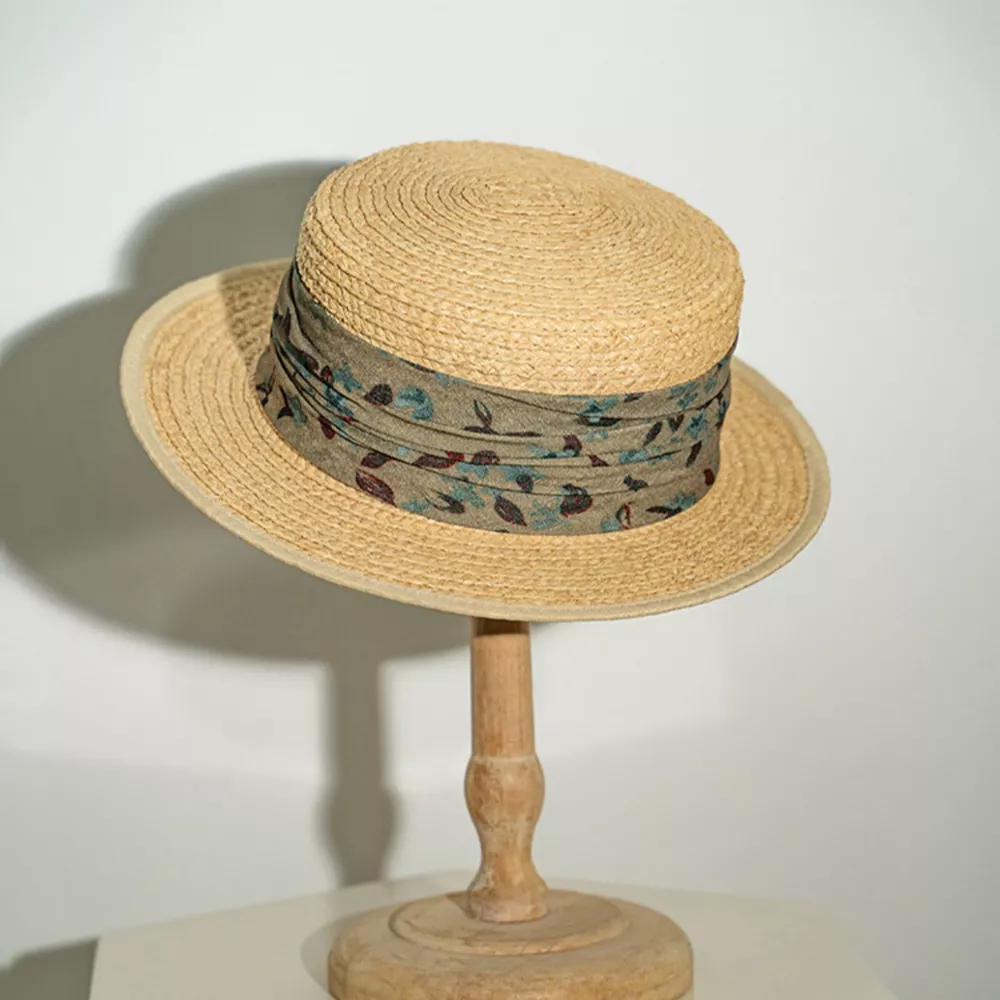Straw Boater Hat with Printed Band, image 2