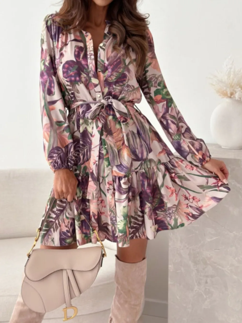 Ruffle Hem Floral Long Sleeve Dress, image 3