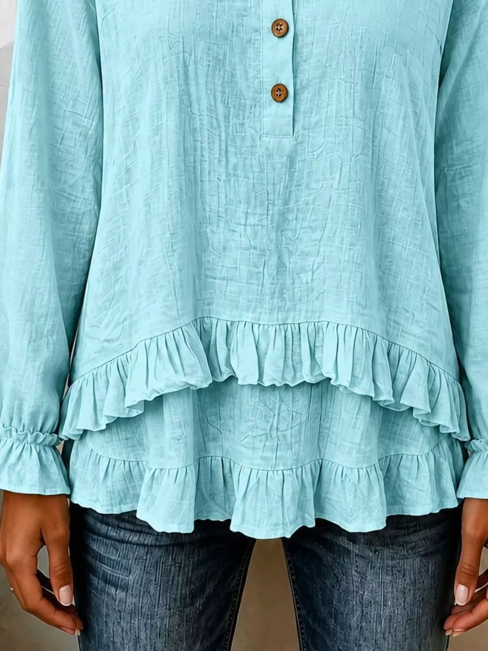 V-Neck Long Sleeve Button Detail Ruffled Hem Blouse, image 13
