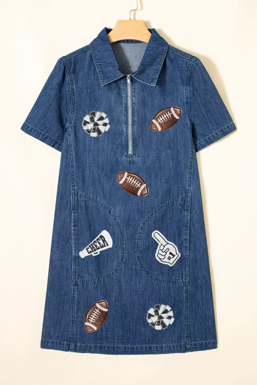 Sequin Football Cheer Patches Game Day Denim Mini Dress, image 4