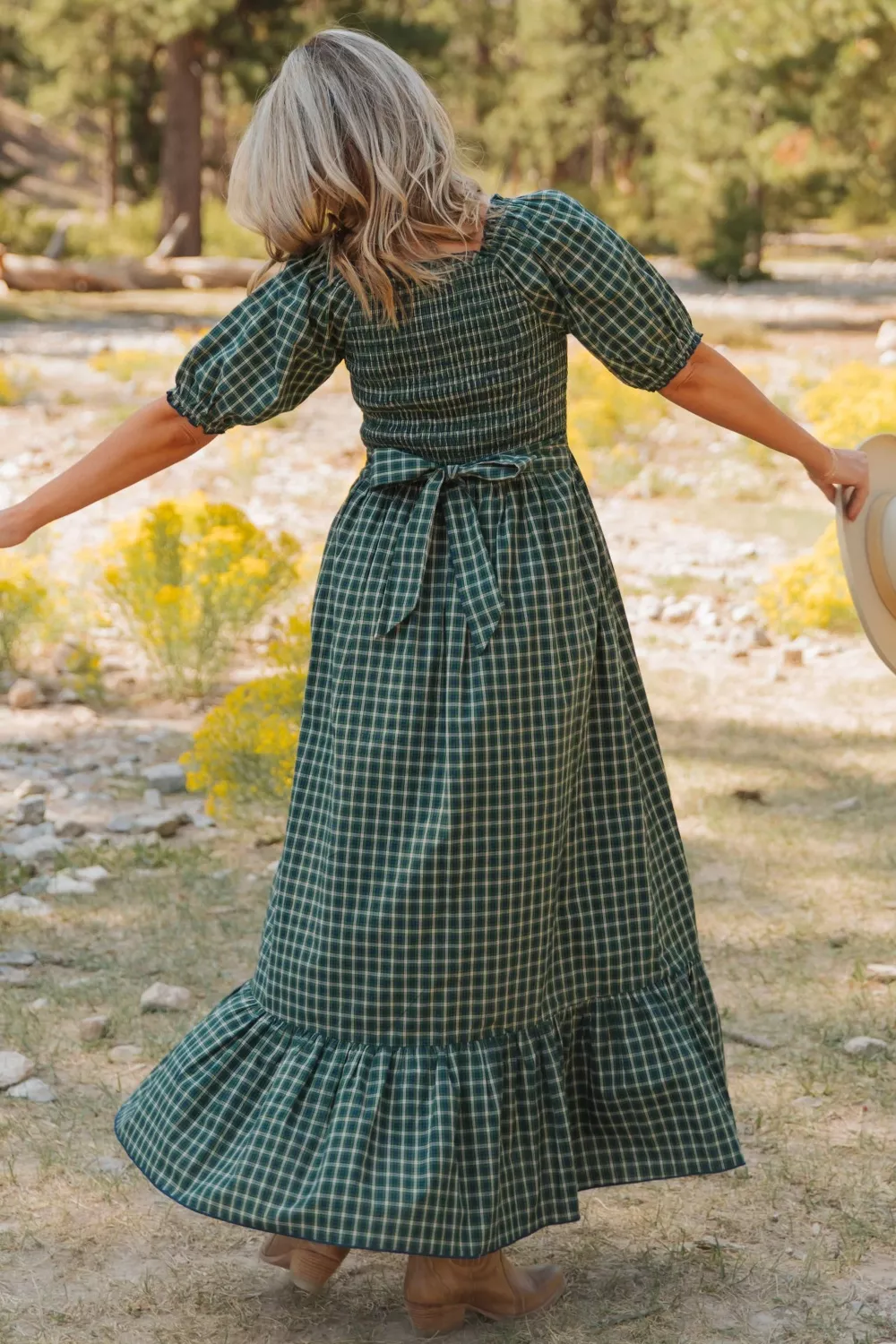 Plaid Square Neck Shirred High Waist Ruffle Hem Maxi Dress, image 2