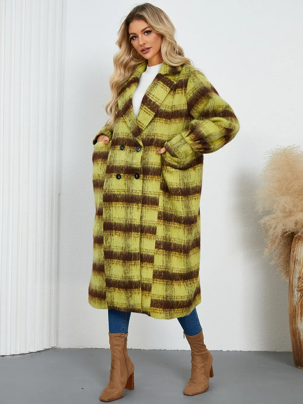 Contrast Double-Breasted Long Sleeve Longline Coat, image 2