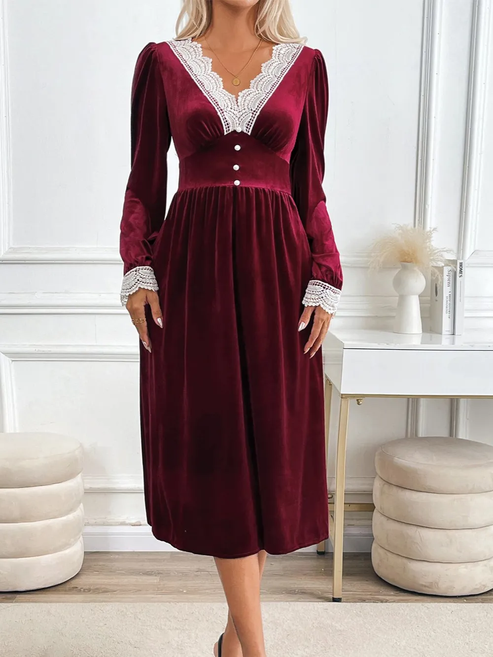 Lace Detail V-Neck Long Sleeve Midi Dress, image 4