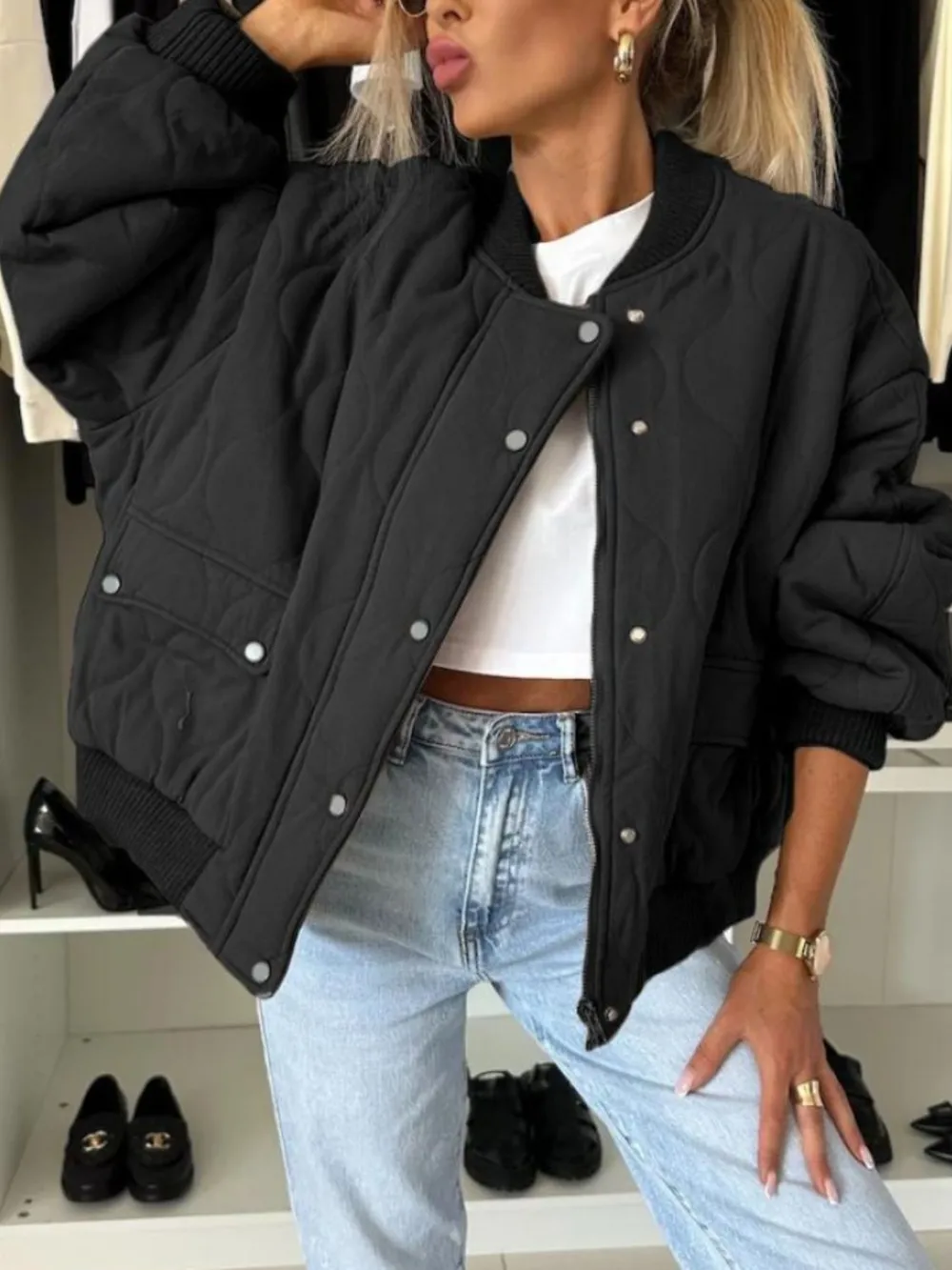 Baseball Collar Snap Down Long Sleeve Jacket, image 8
