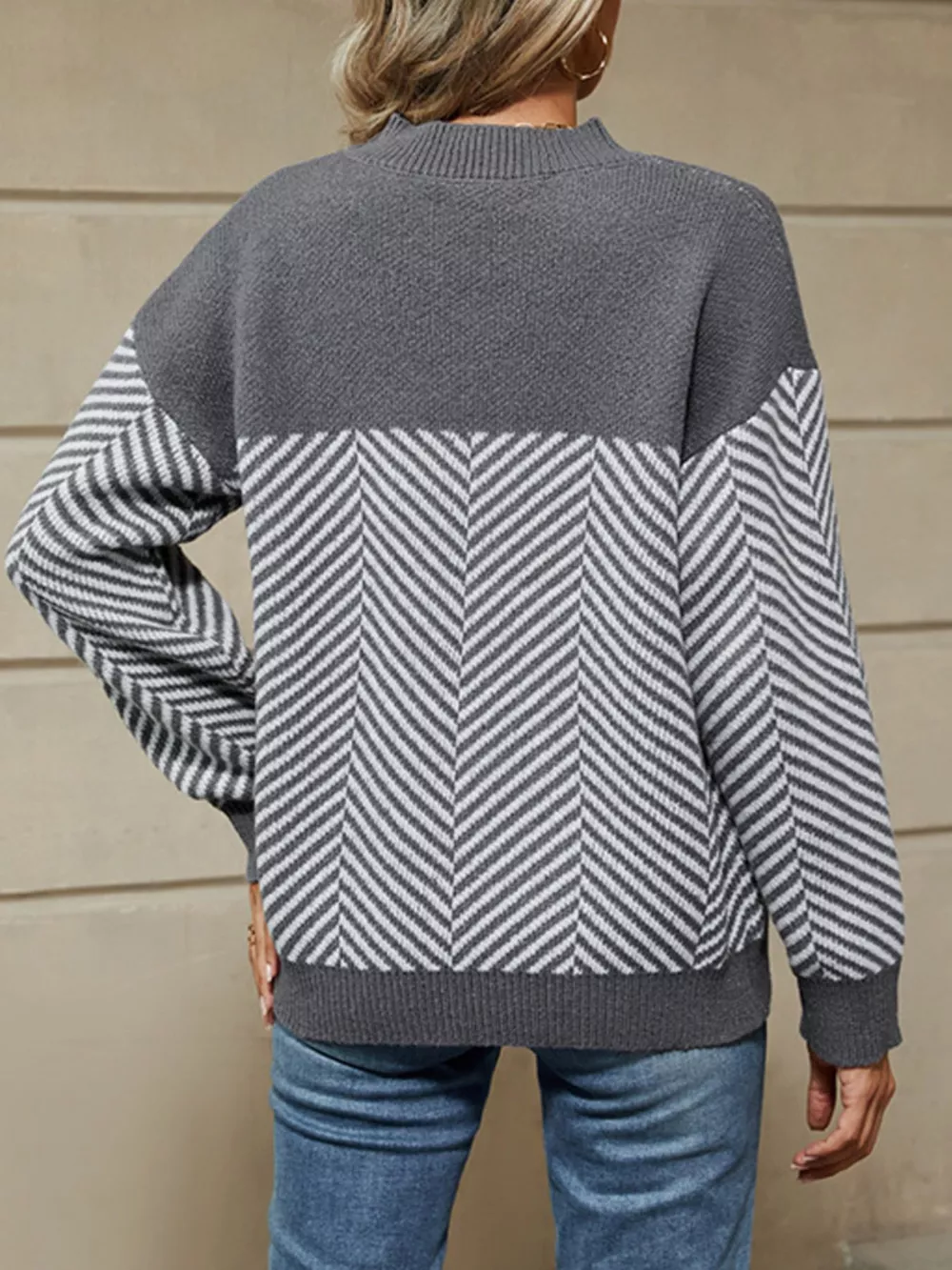 Color Block Chevron Pattern Dropped Shoulder Sweater, image 3