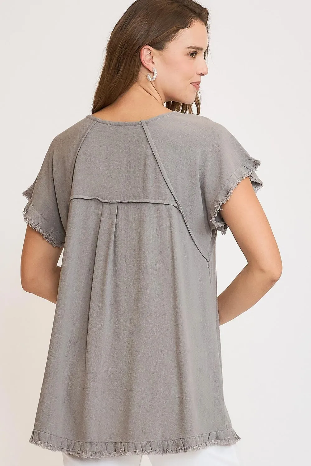 Full Size Seam Detail Linen Ruffle Fringe Edge Top Plus Size, image 3