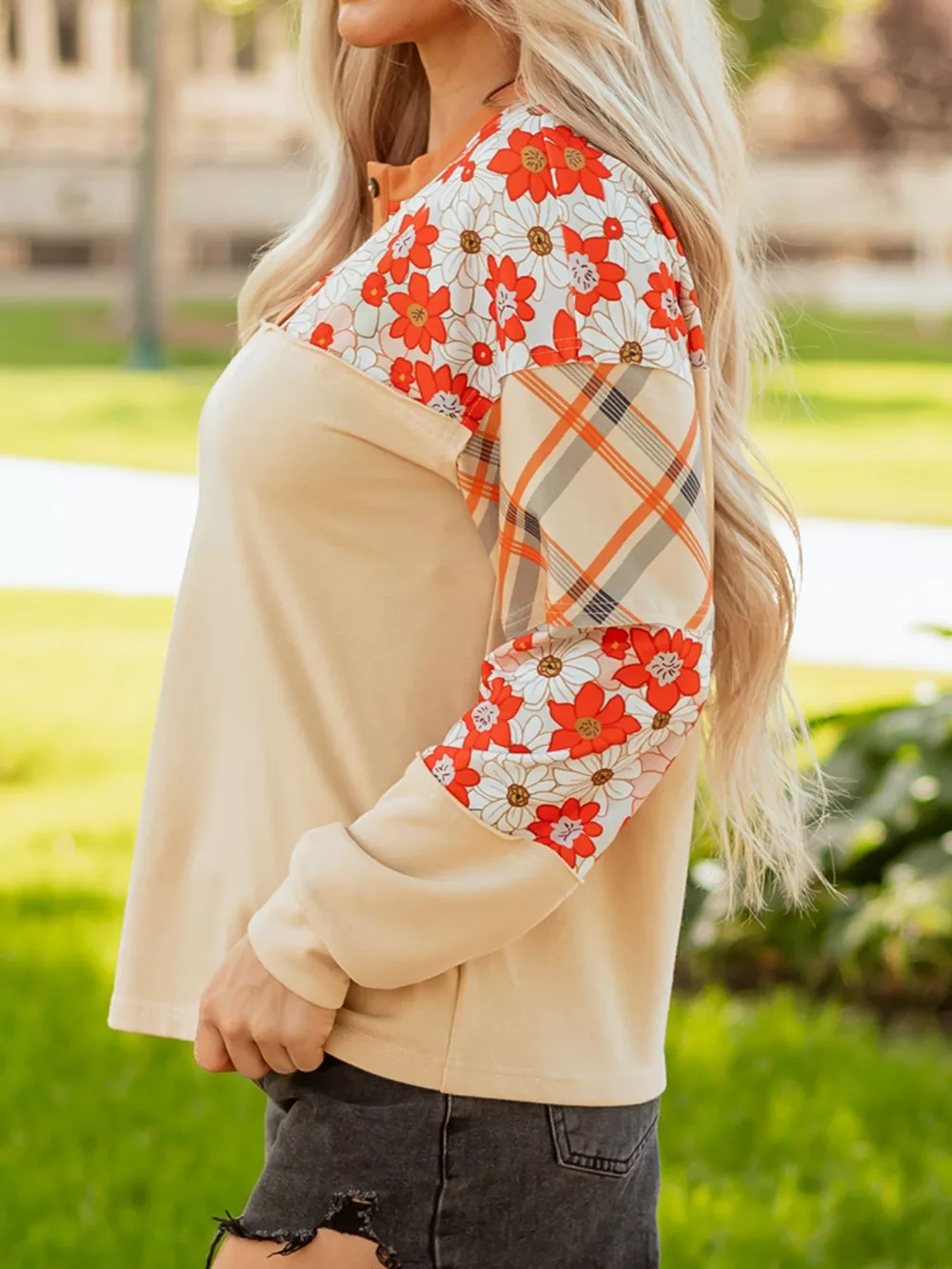 Floral Plaid Patchwork Casual Top, image 5