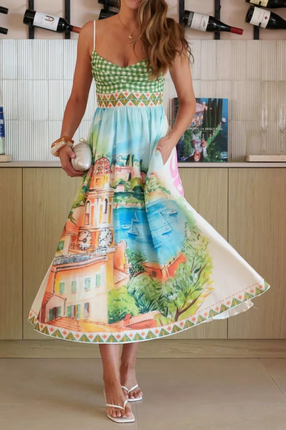 Gingham Bodice Scenic Print Midi Dress, image 5