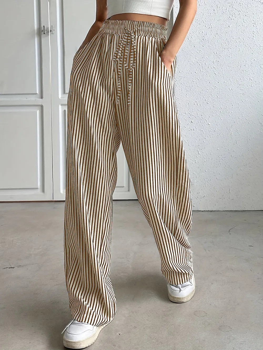 Drawstring Striped Elastic Waist Pants, image 5