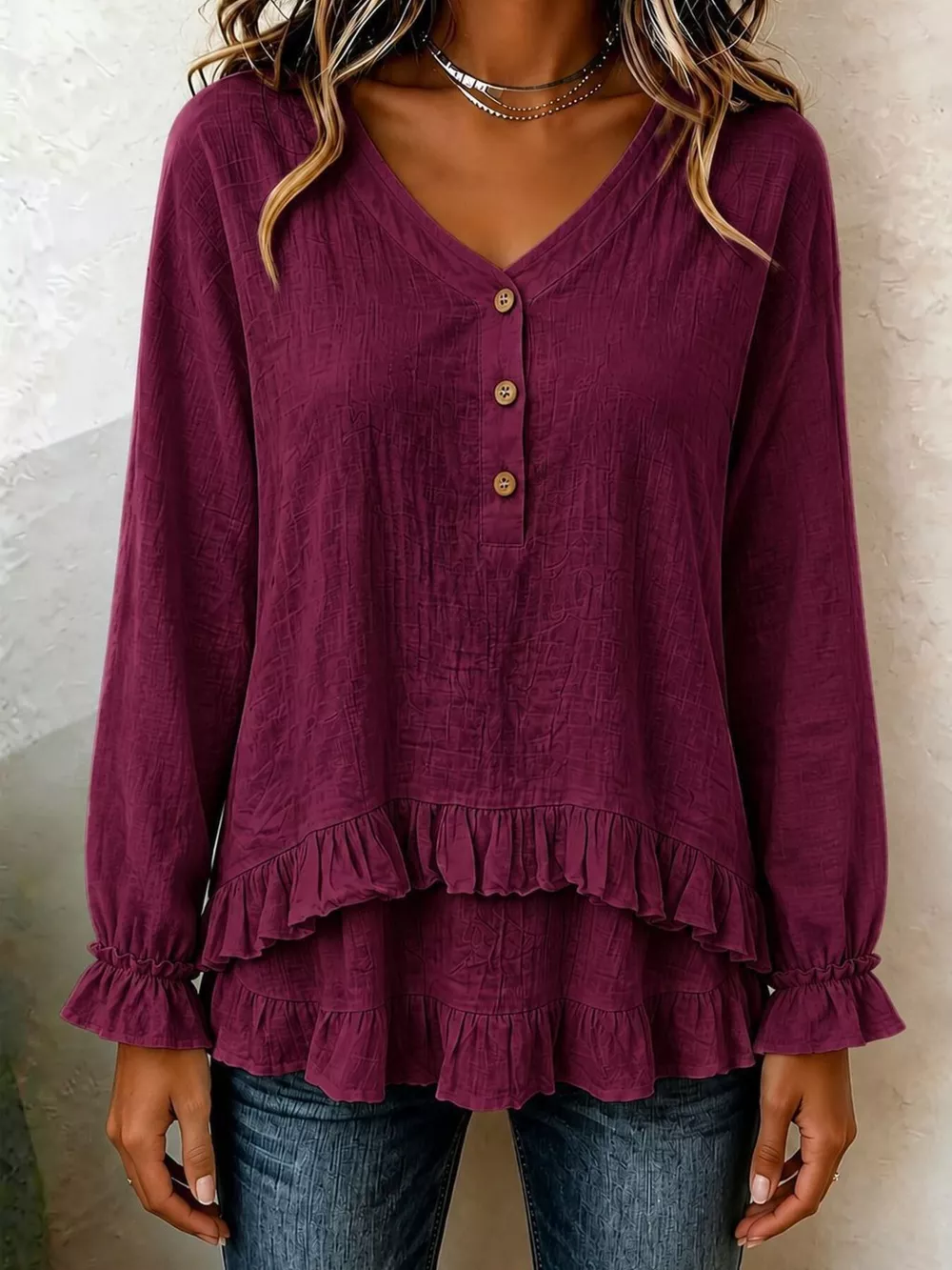 V-Neck Long Sleeve Button Detail Ruffled Hem Blouse, image 17