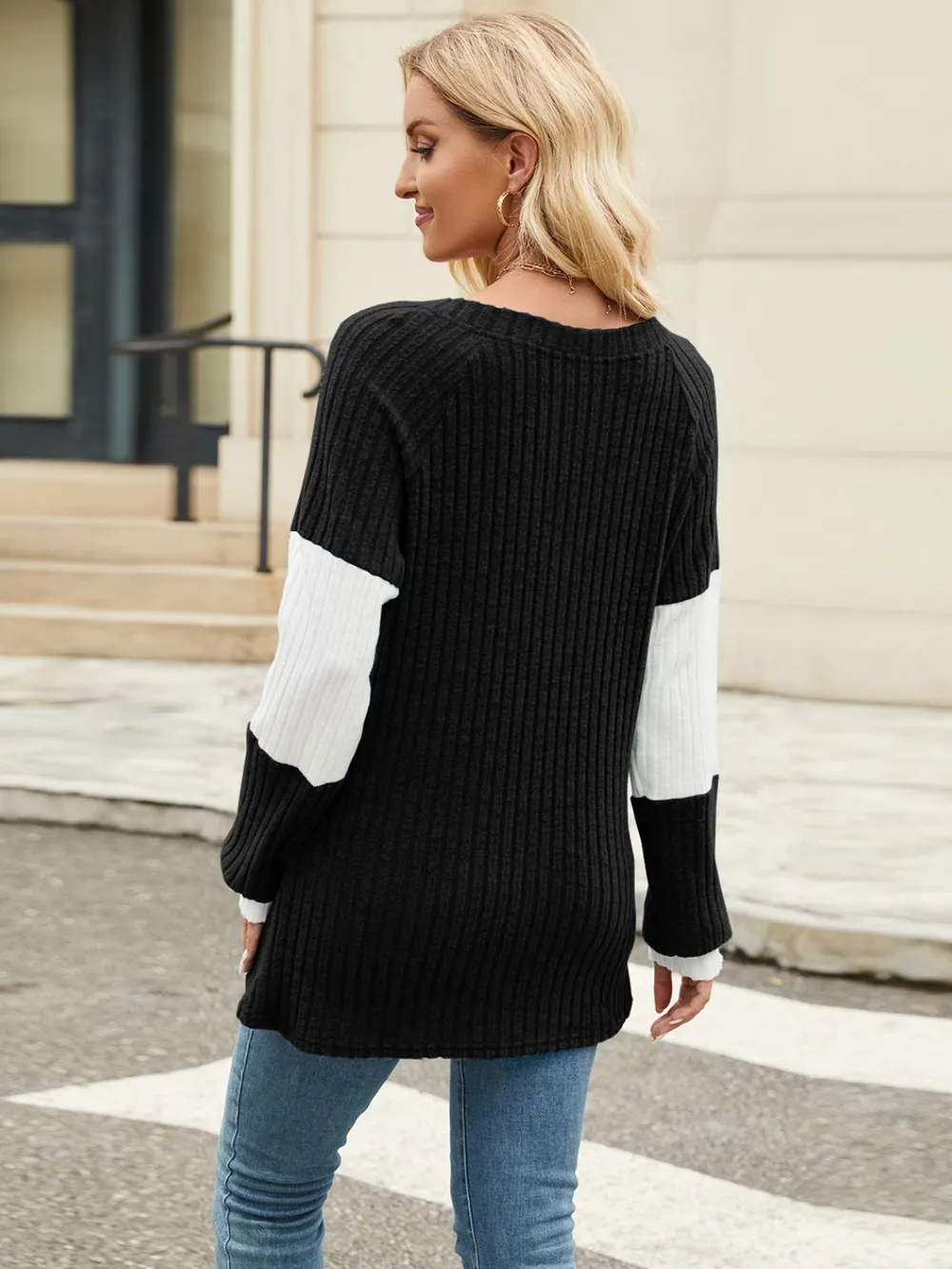 Color Block V-Neck Long Sleeve T-Shirt, image 35