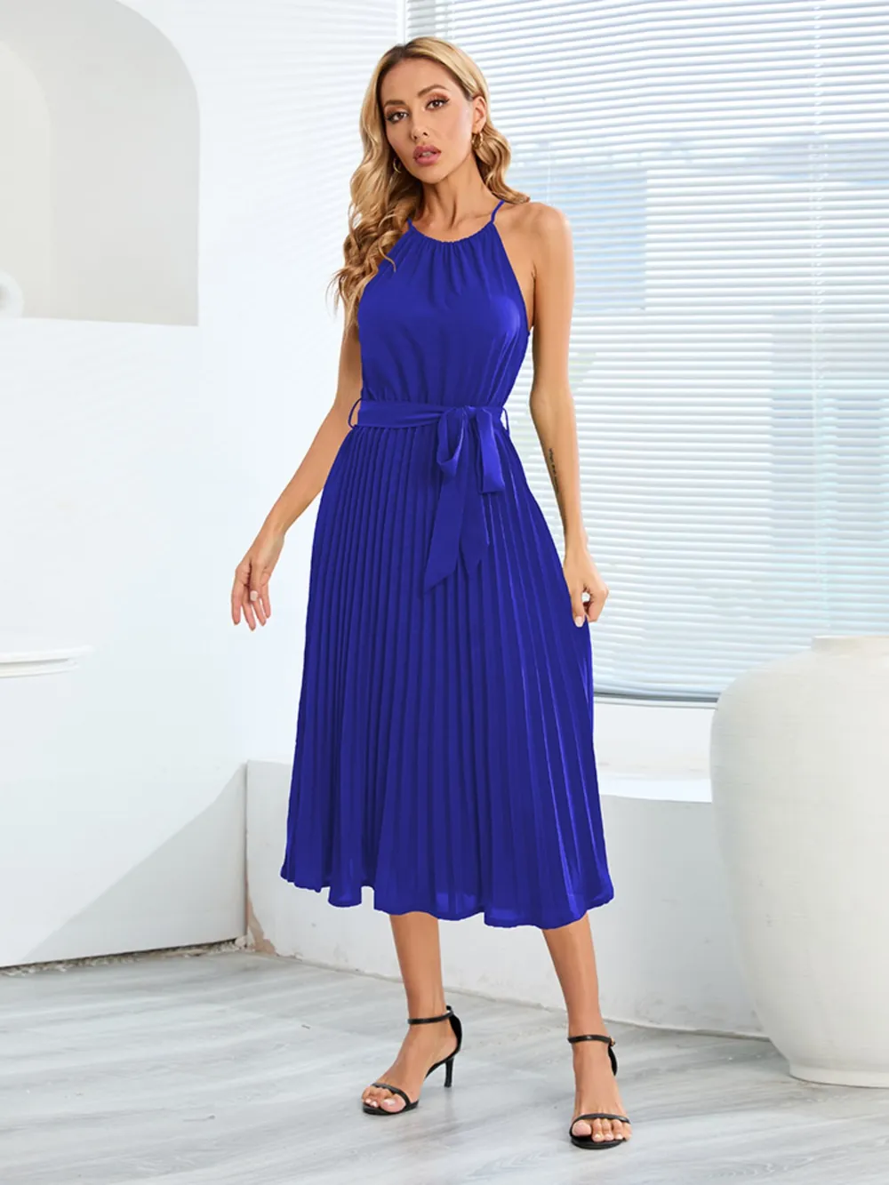 Pleated Spaghetti Strap Tie Waist Midi Dress, image 2