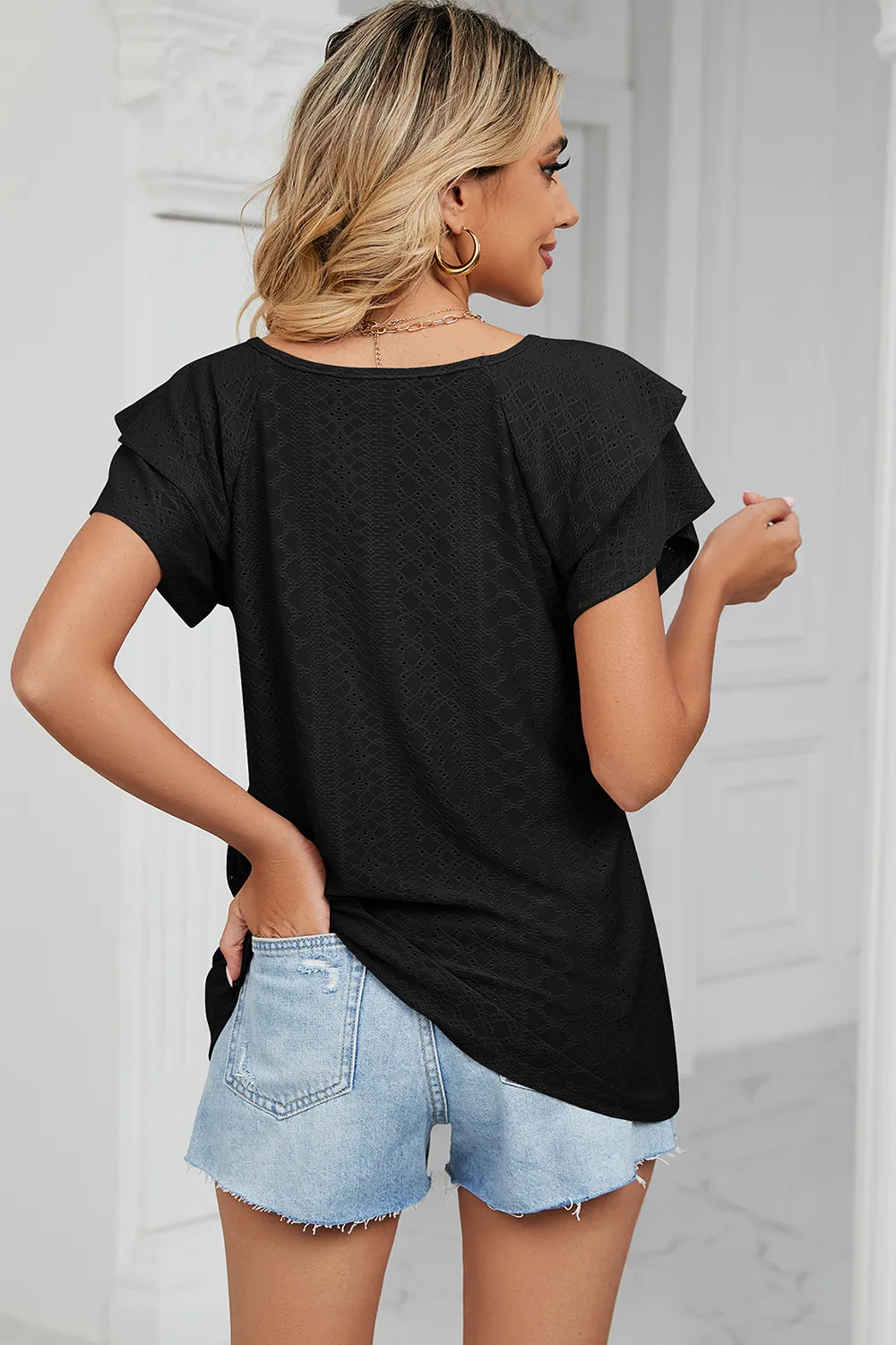 Eyelet V-Neck Short Sleeve T-Shirt, image 12