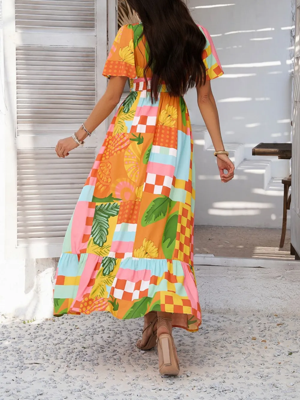 Smocked Printed V-Neck Short Sleeve Maxi Dress, image 15