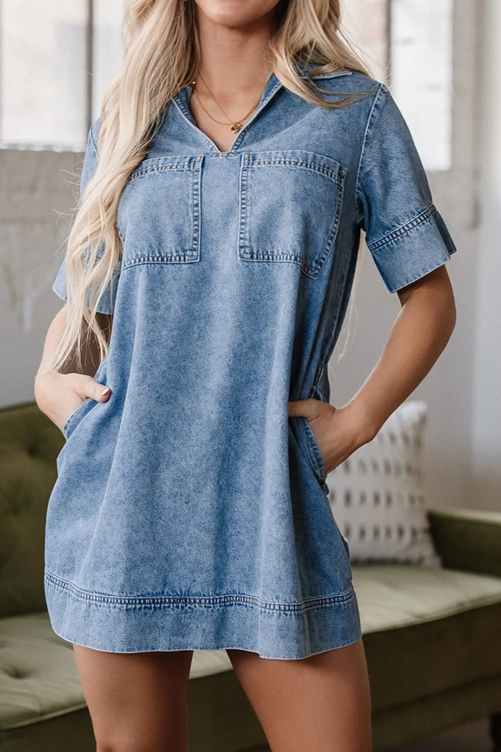 Short Sleeve Collared Patched Pocket Denim Mini Dress, image 14