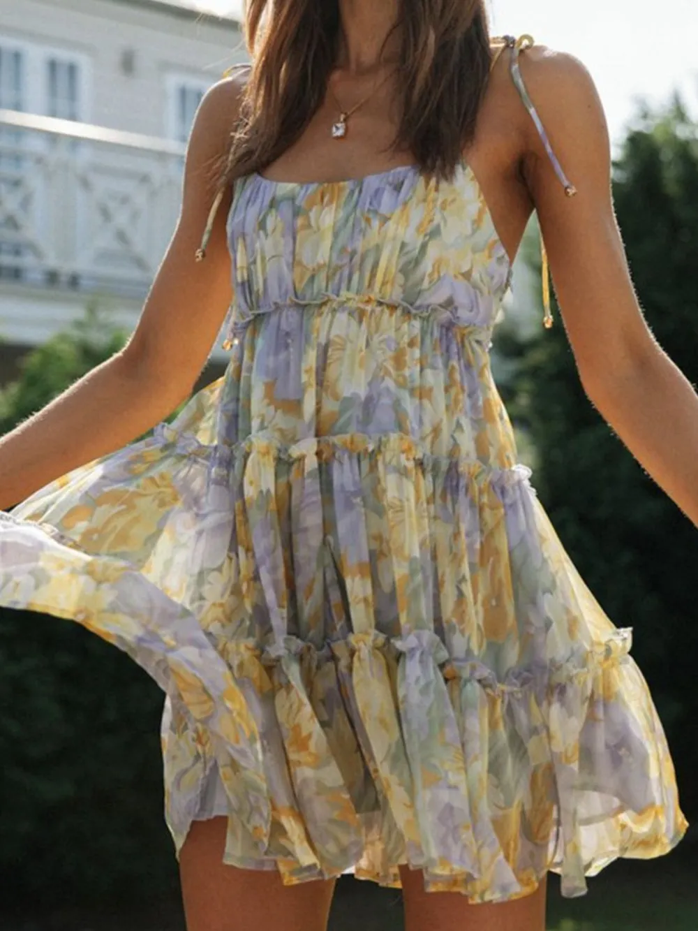 Frill Printed Square Neck Mini Cami Dress, image 11