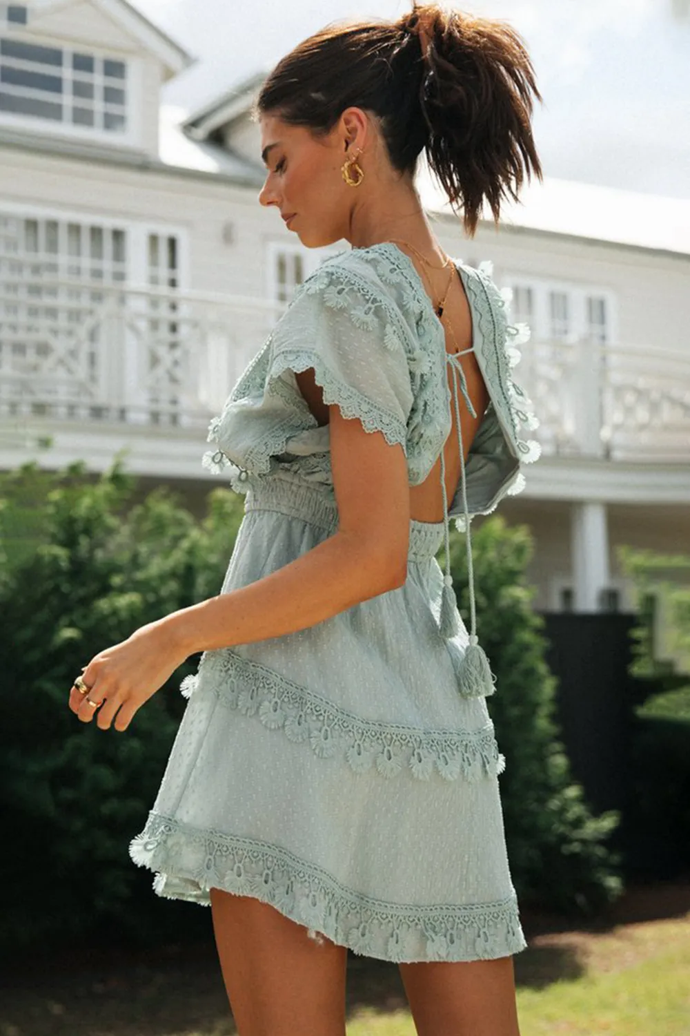 Lace Detail Plunge Short Sleeve Mini Dress, image 7