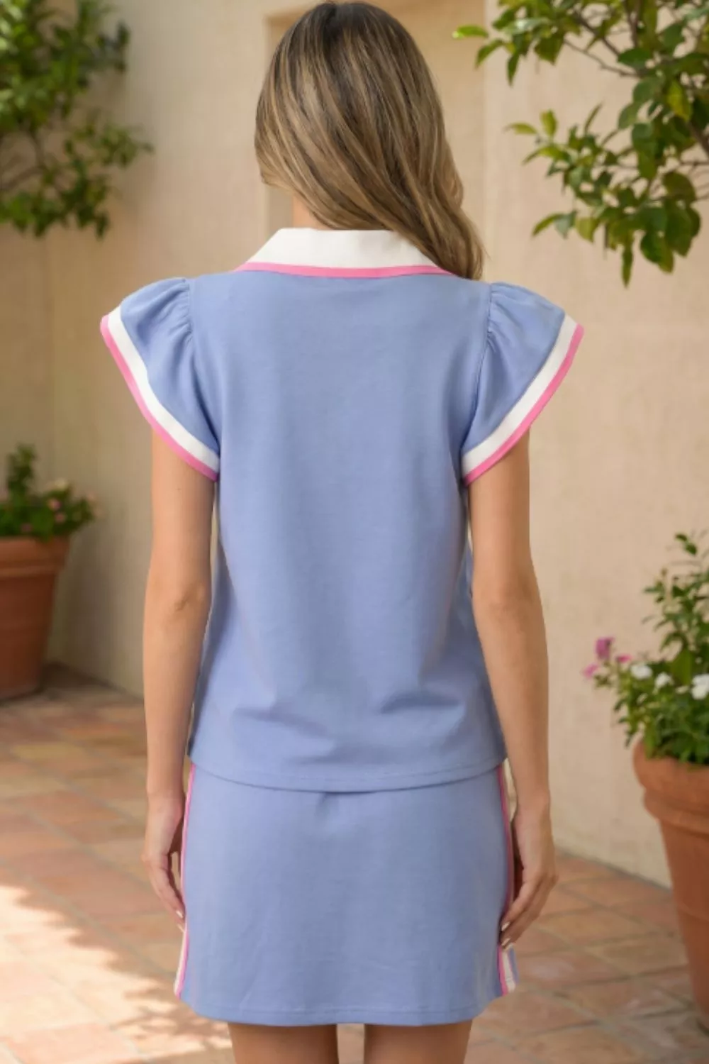 Striped Trim V Neck Polo Tee Drawstring Skirt Set, image 5