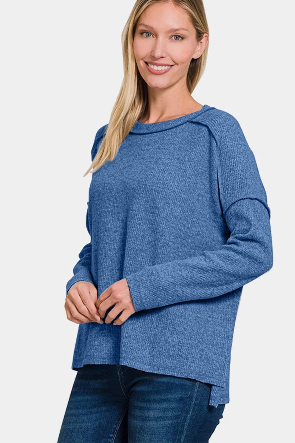 Full Size Exposed Seam Brushed Round Neck Sweater, image 3