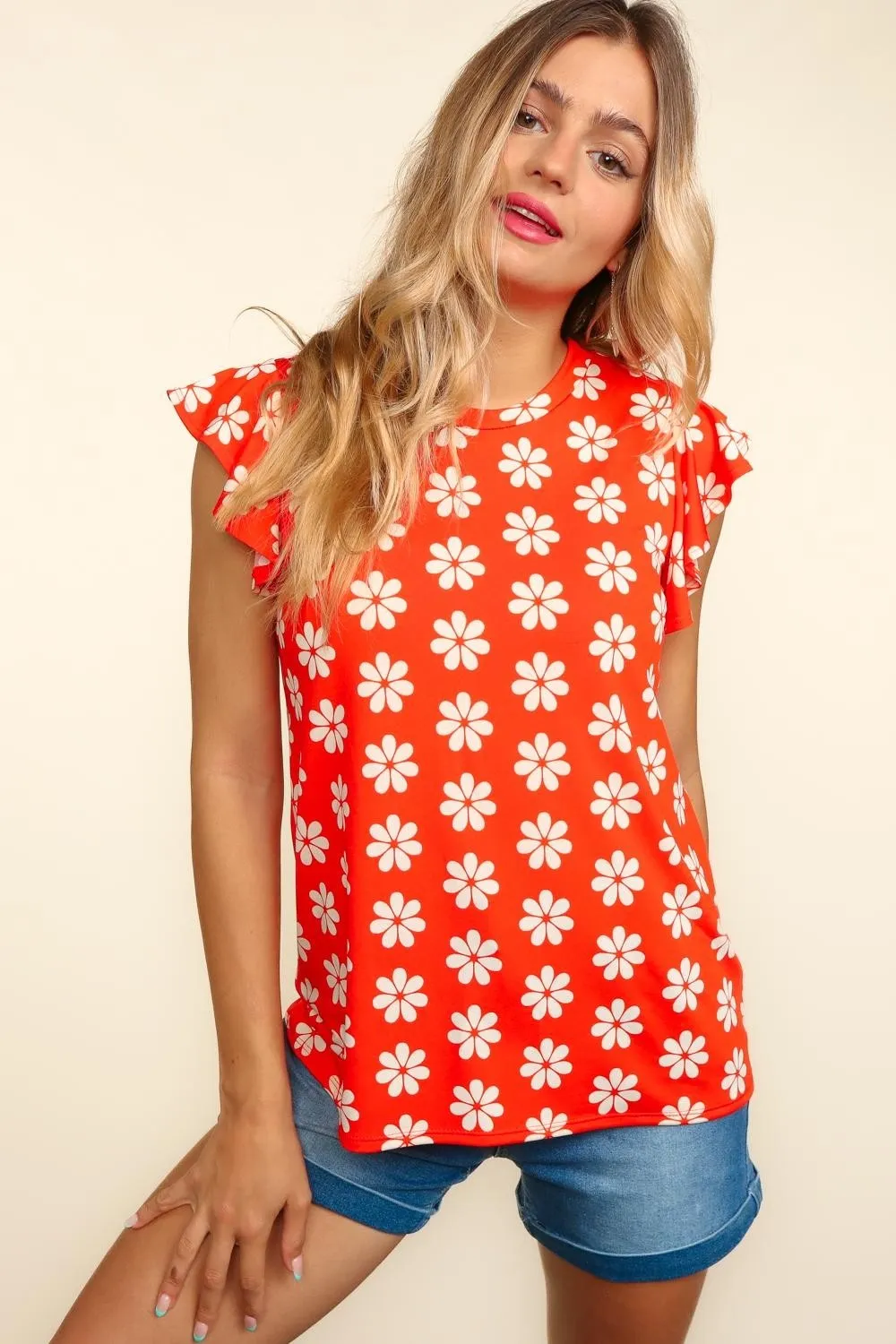 Round Neck Ruffled Floral Contrast Knit Top, image 5