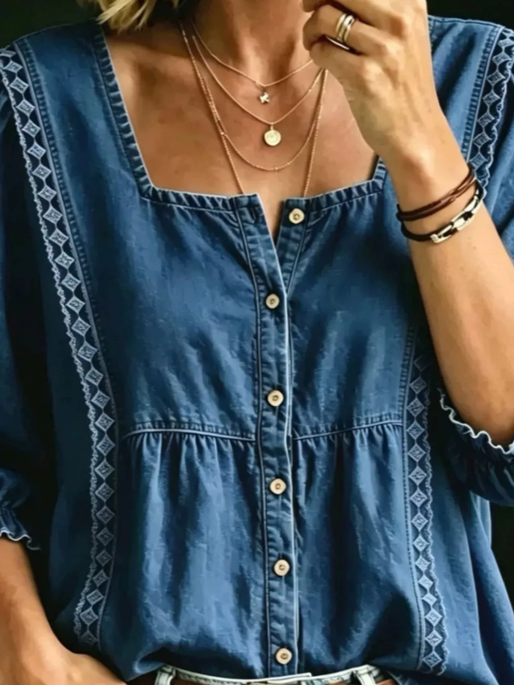 Full Size Square Neck Button-Down Denim Shirt Plus Size, image 5