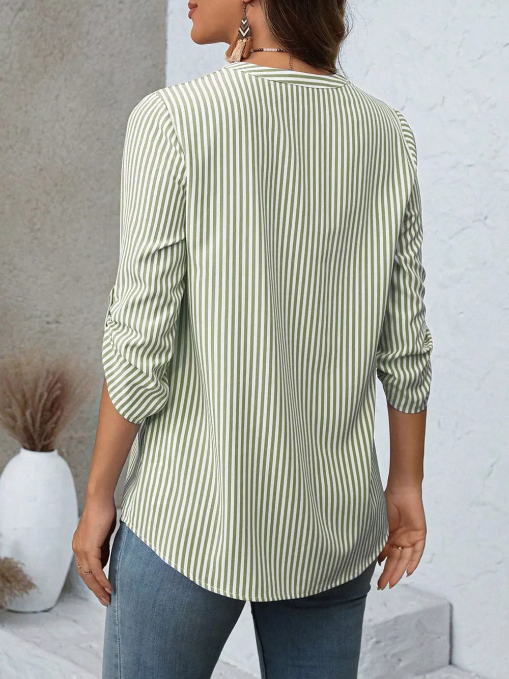 Striped V-Neck Roll-Up Sleeve Blouse, image 14
