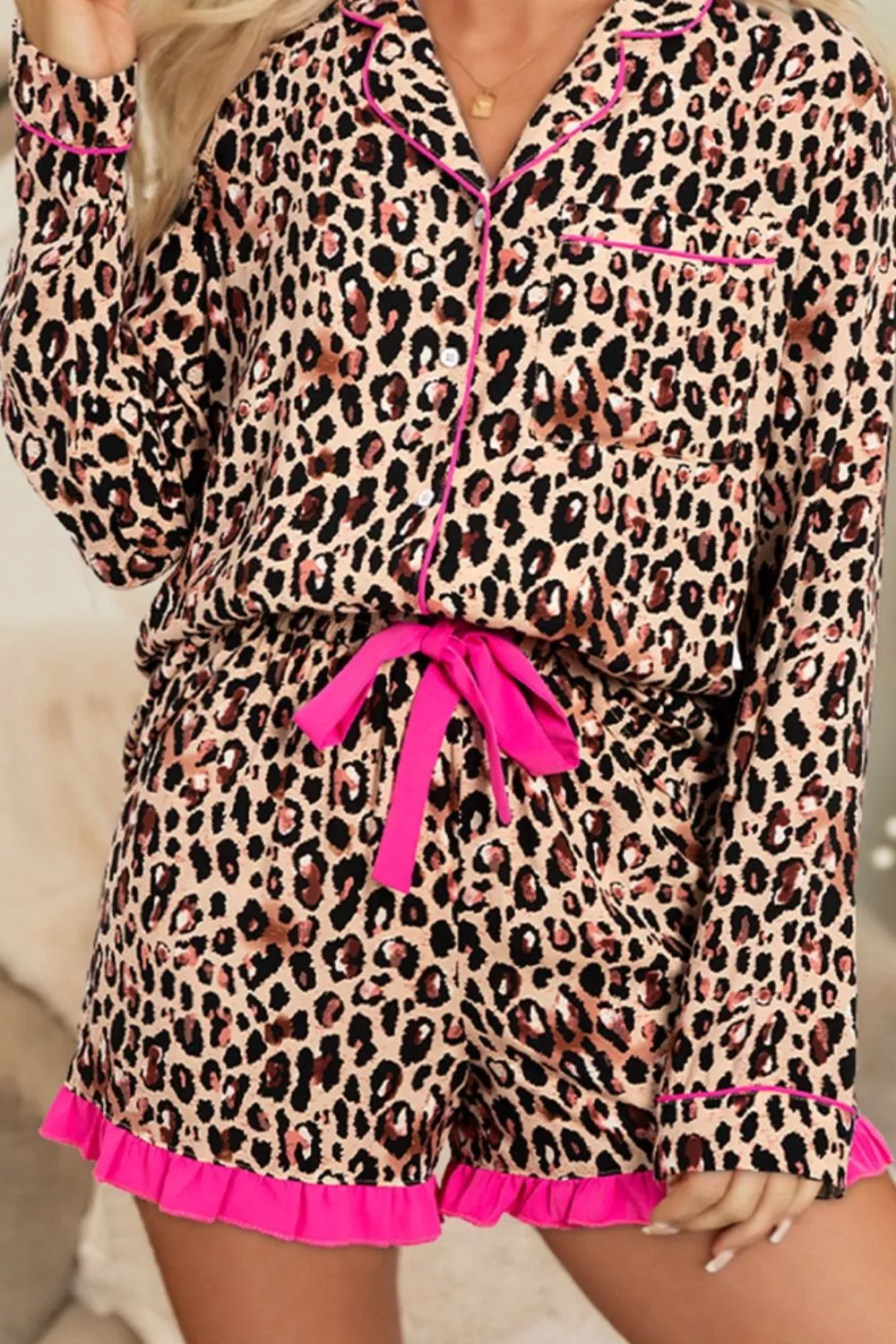 Leopard Print Contrast Trim Long Sleeve Shirt and Drawstring Ruffle Hem Shorts Set, image 2