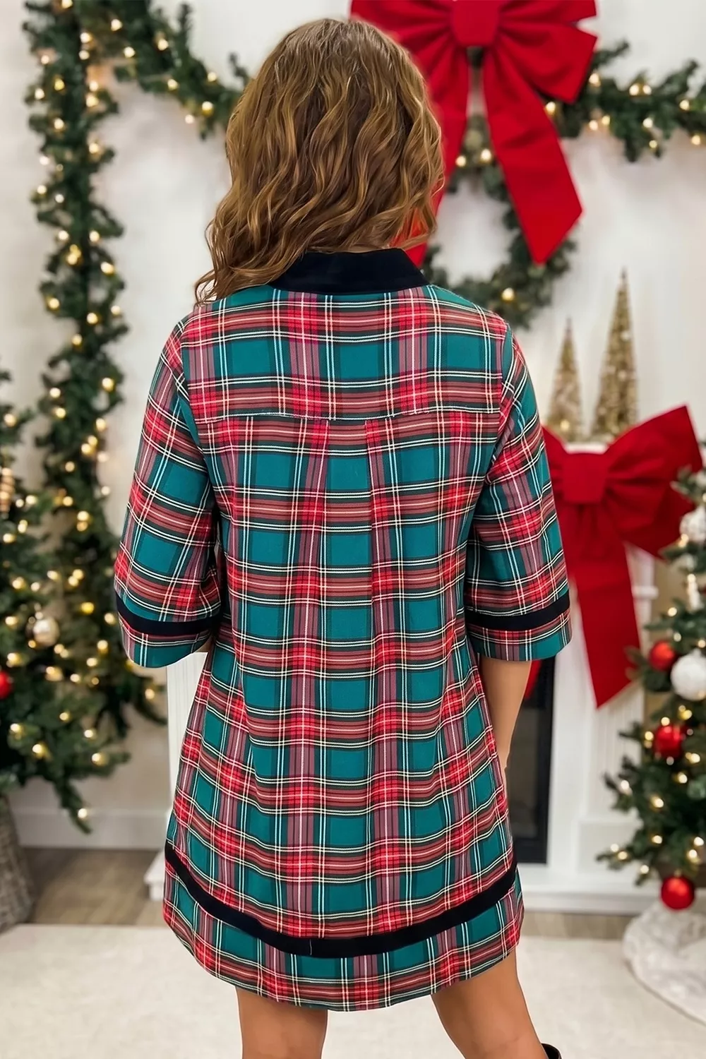 Plaid Velvet Trim Pockets Short Shift Dress, image 7