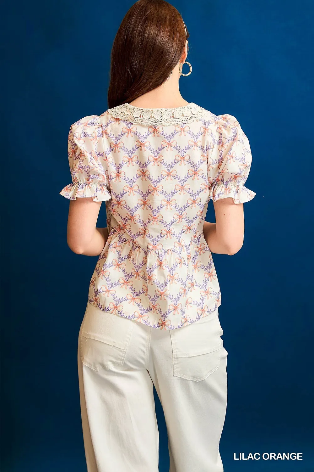 Lace Detail Bow Print Flounce Sleeve Blouse, image 3