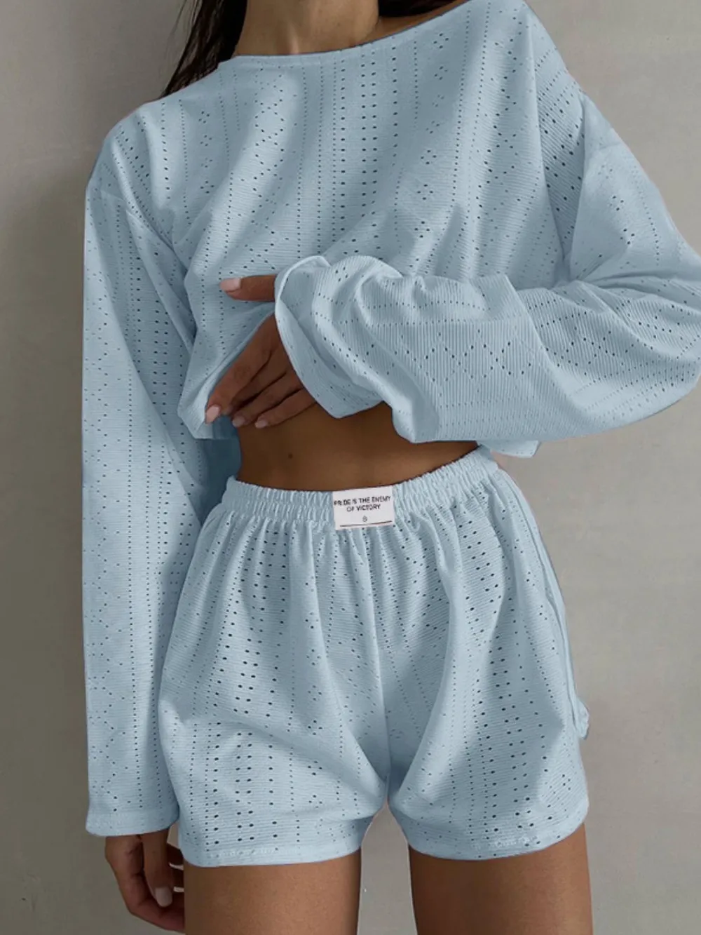 Eyelet Round Neck Top and Shorts Set, image 16