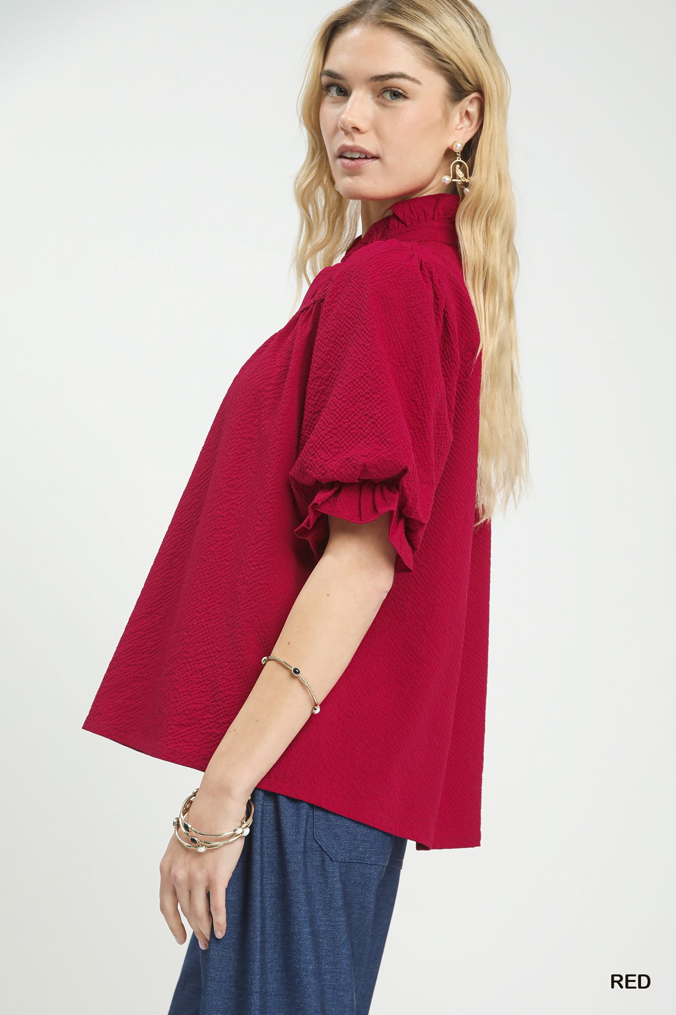 Textured Smocked Yoke Split-Neck Top, image 4