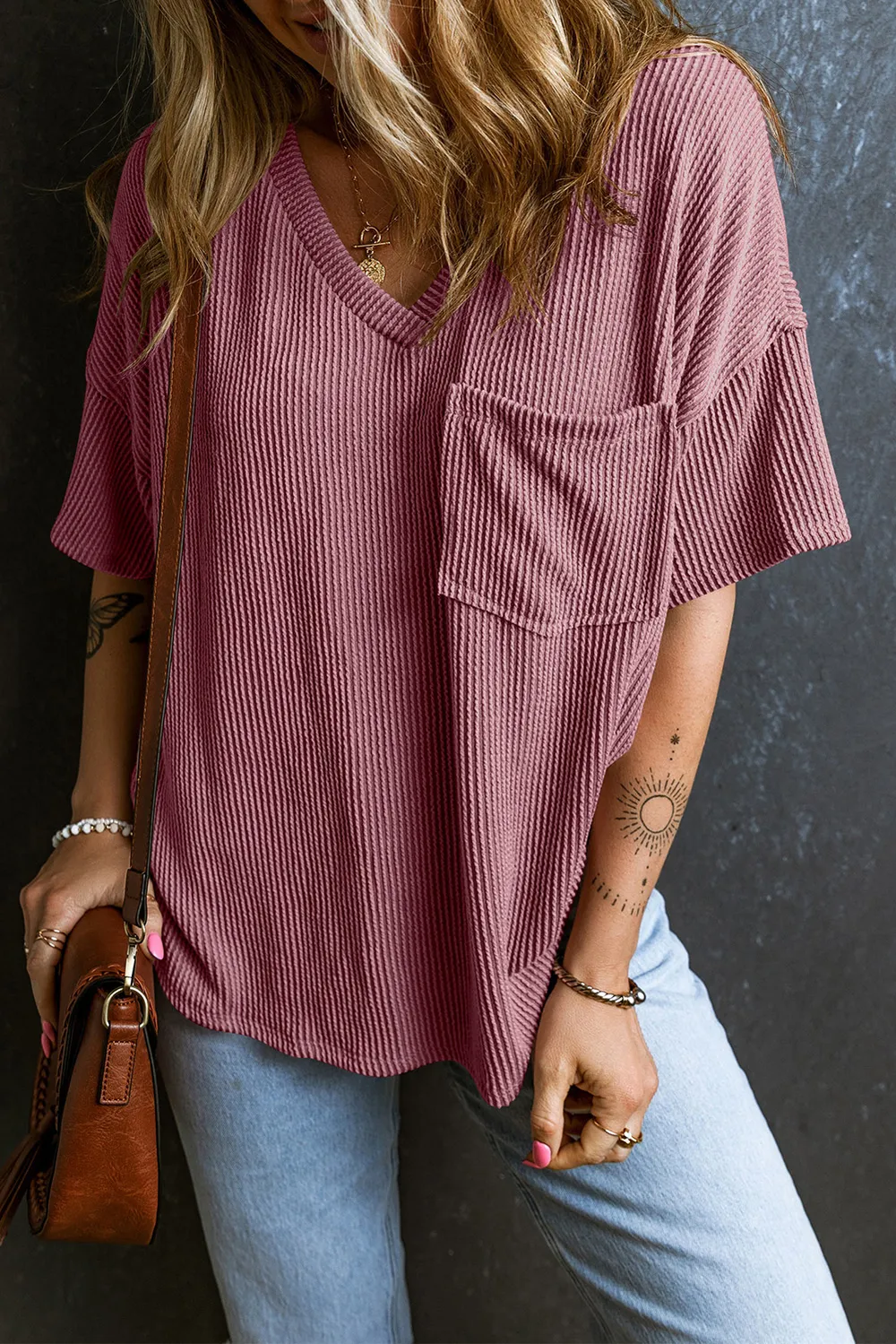 Textured V-Neck Dropped Shoulder T-Shirt, image 25