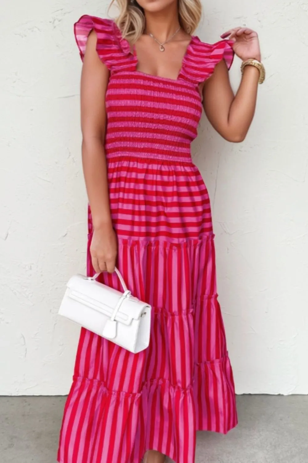 Stripe Flutter Sleeve Smocked Bodice Tiered Maxi Dress, image 10