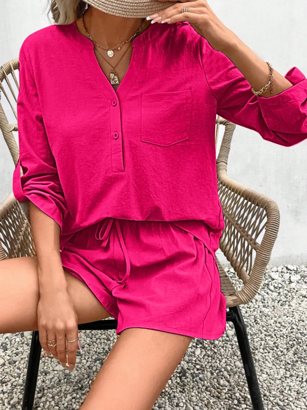 Notched Long Sleeve Top and Shorts Set, image 13