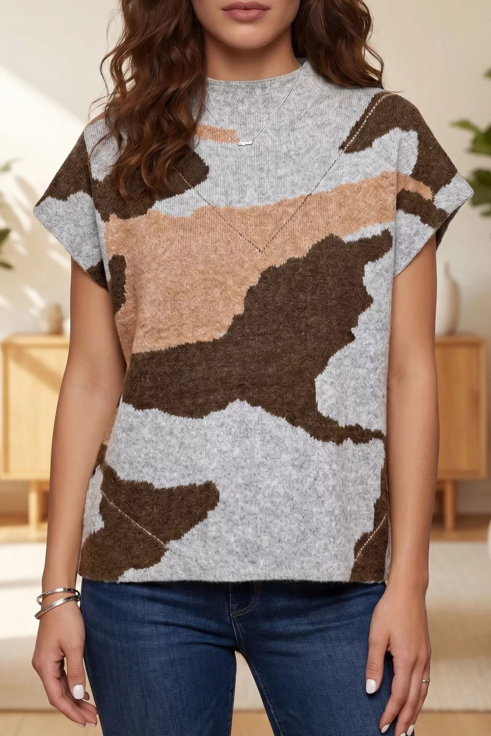 Camouflage Pattern Drop Shoulder High Neck Short Sleeve Shift Sweater, image 3