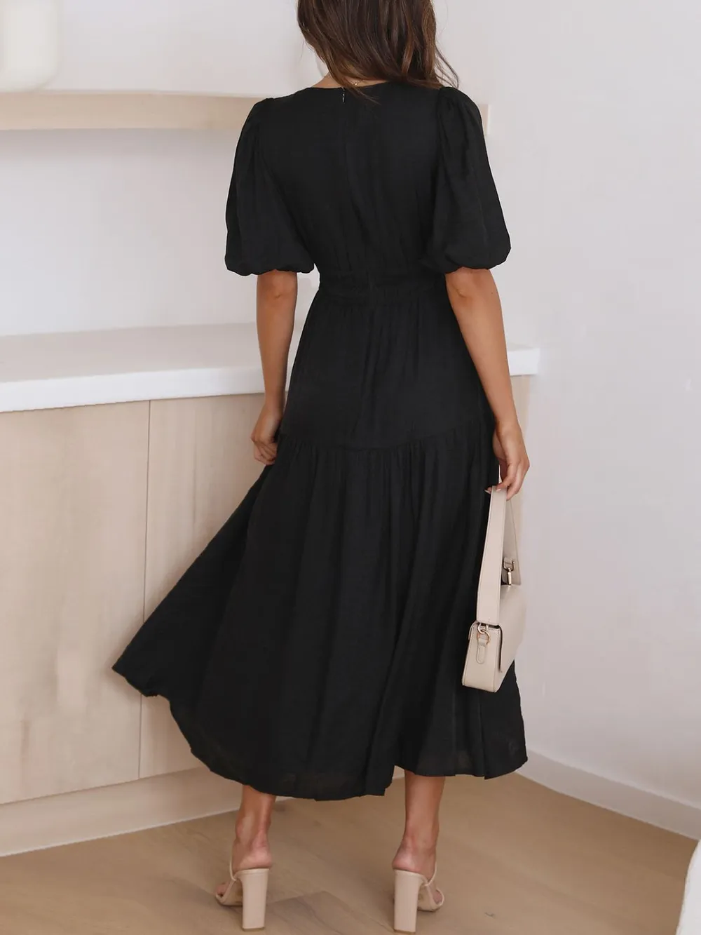 V-Neck Puff Sleeve Midi Dress, image 23