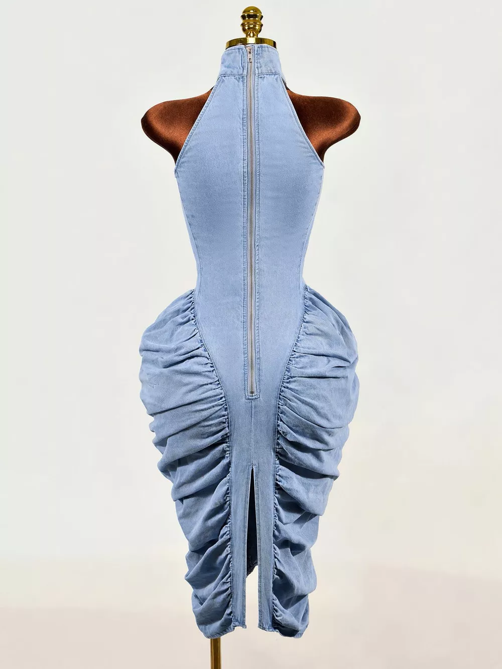Sleeveless Mock Neck Ruched Bodycon Denim Dress, image 5
