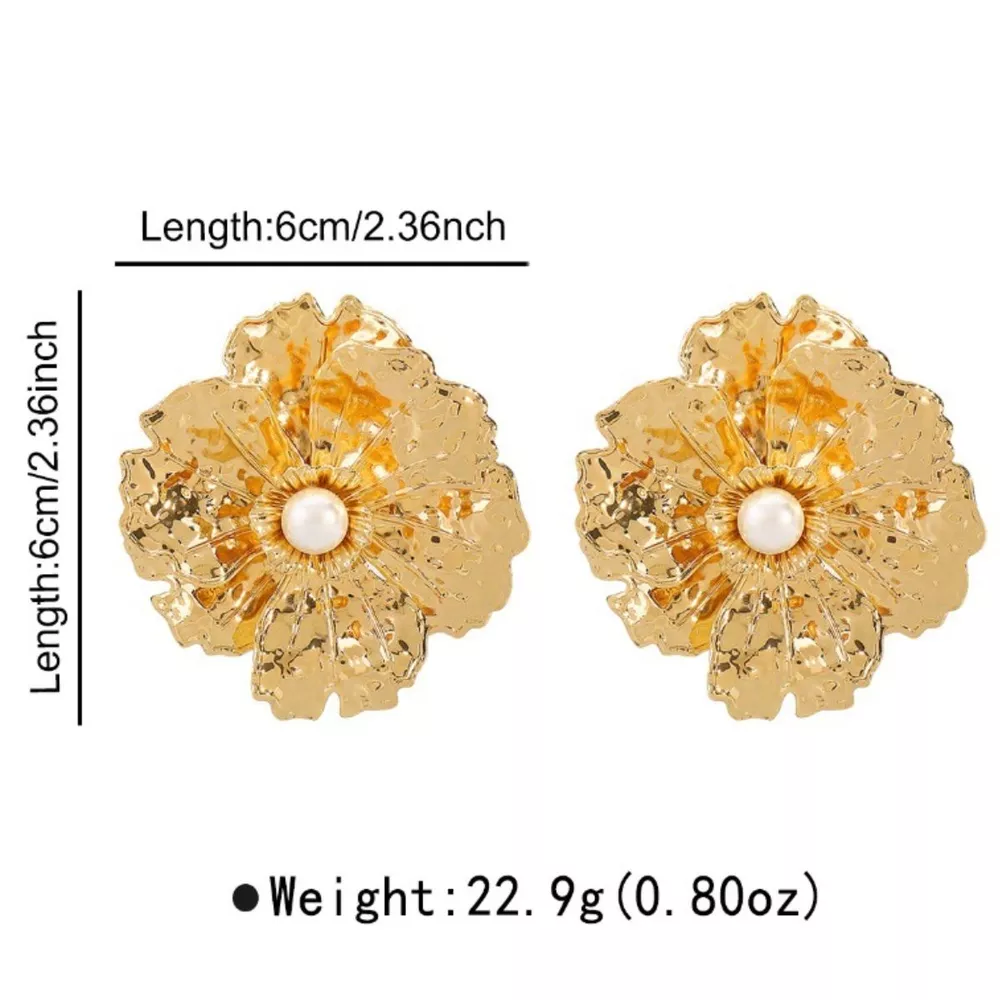 Gold Textured Flower Pearl Center Statement Earrings, image 5