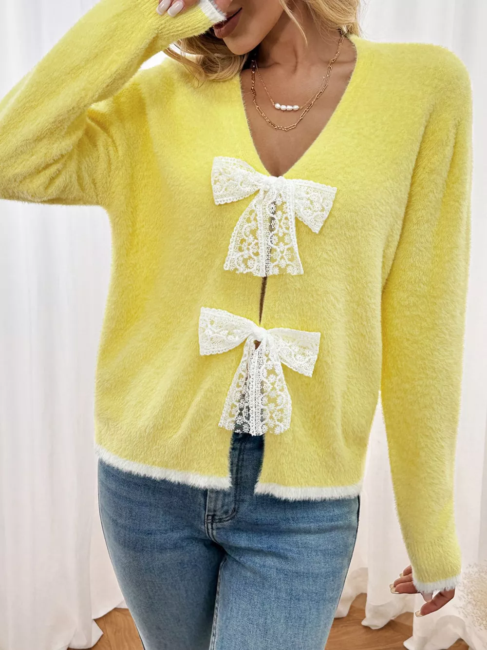 Lace Bow-Tie Front Long Sleeve Cardigan, image 5
