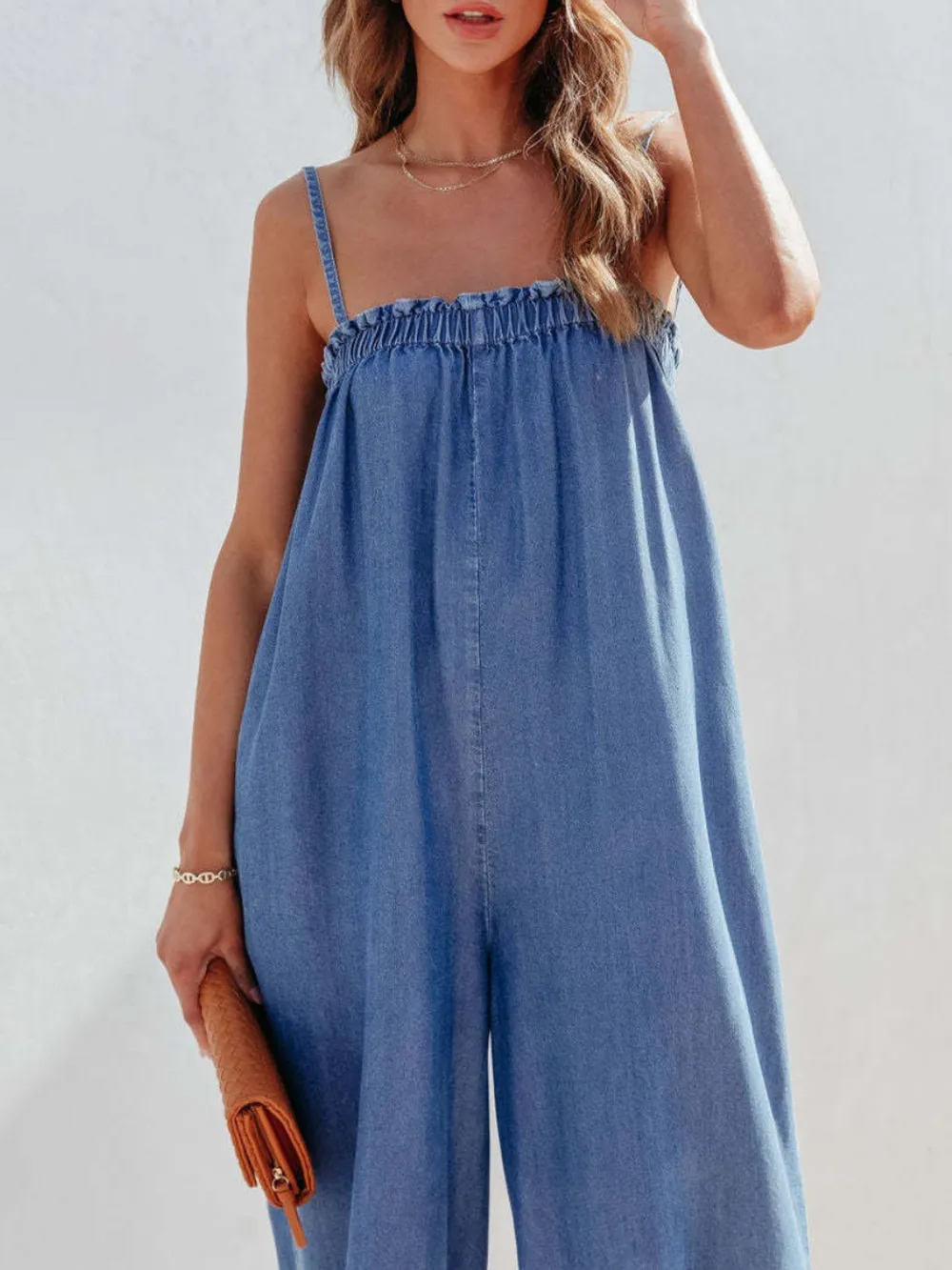 Spaghetti Strap Wide Leg Denim Jumpsuit, image 4