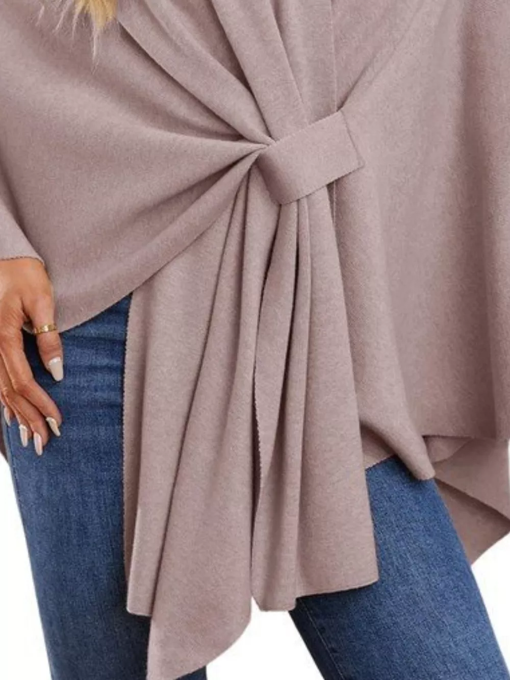 Solid Color Tie-Front Knit Cape Top, image 10