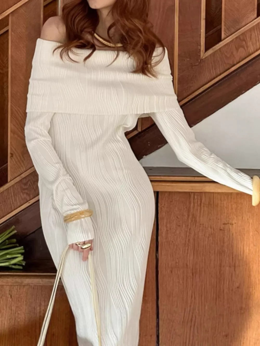Off-Shoulder Textured Knit Maxi Dress, image 2
