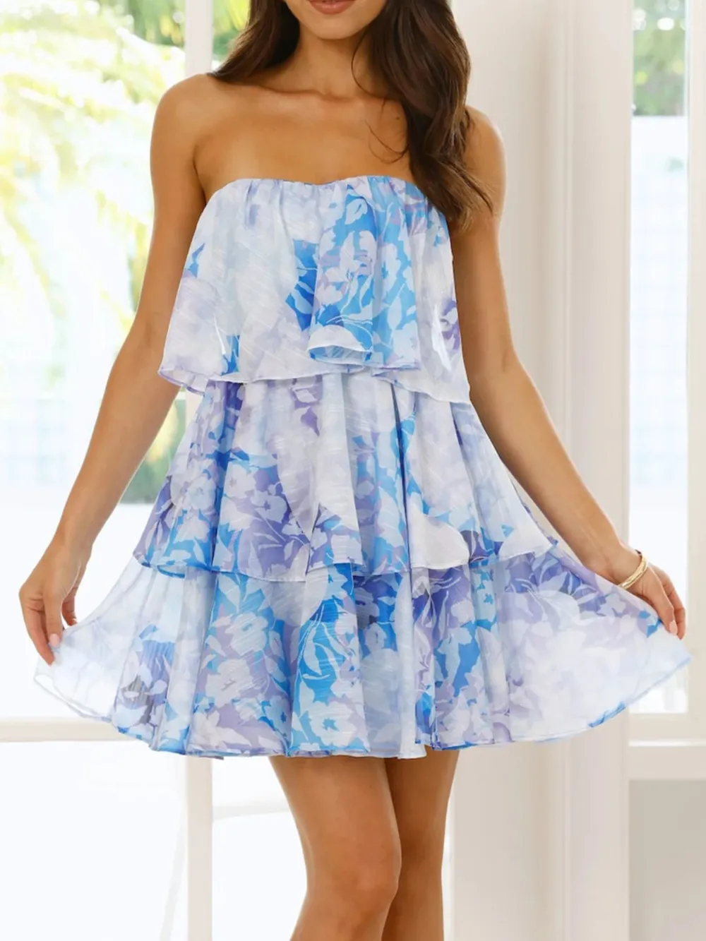 Printed Ruffled Layered Tube Dress, image 2