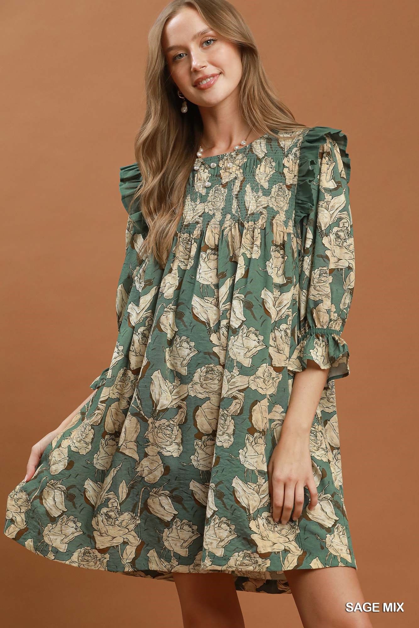 Mix Floral Print Smocked Ruffle Detail Flowy Dress