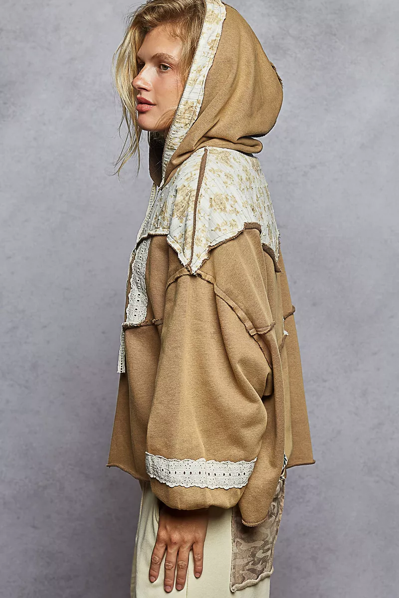 Drawstring French Terry Hoodie with Gauze Print Patch, image 4
