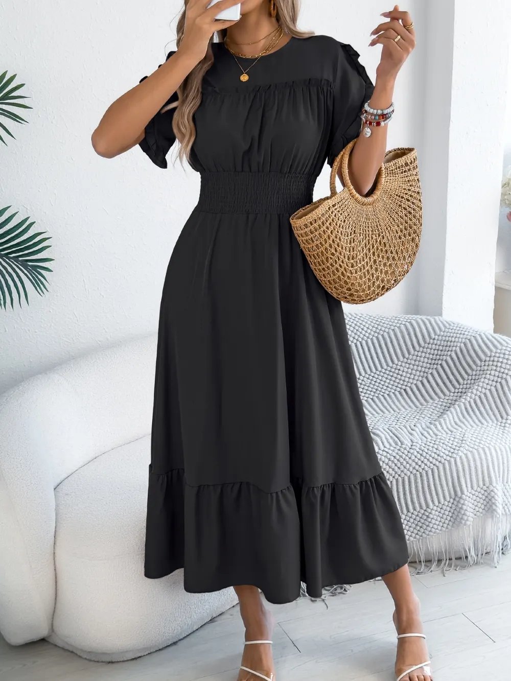 Smocked Frill Round Neck Midi Dress, image 14
