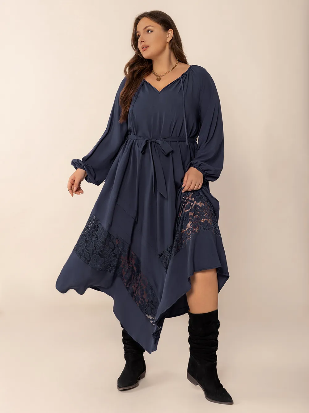 Plus Size Lace Detail Tie Neck Long Sleeve Midi Dress, image 7