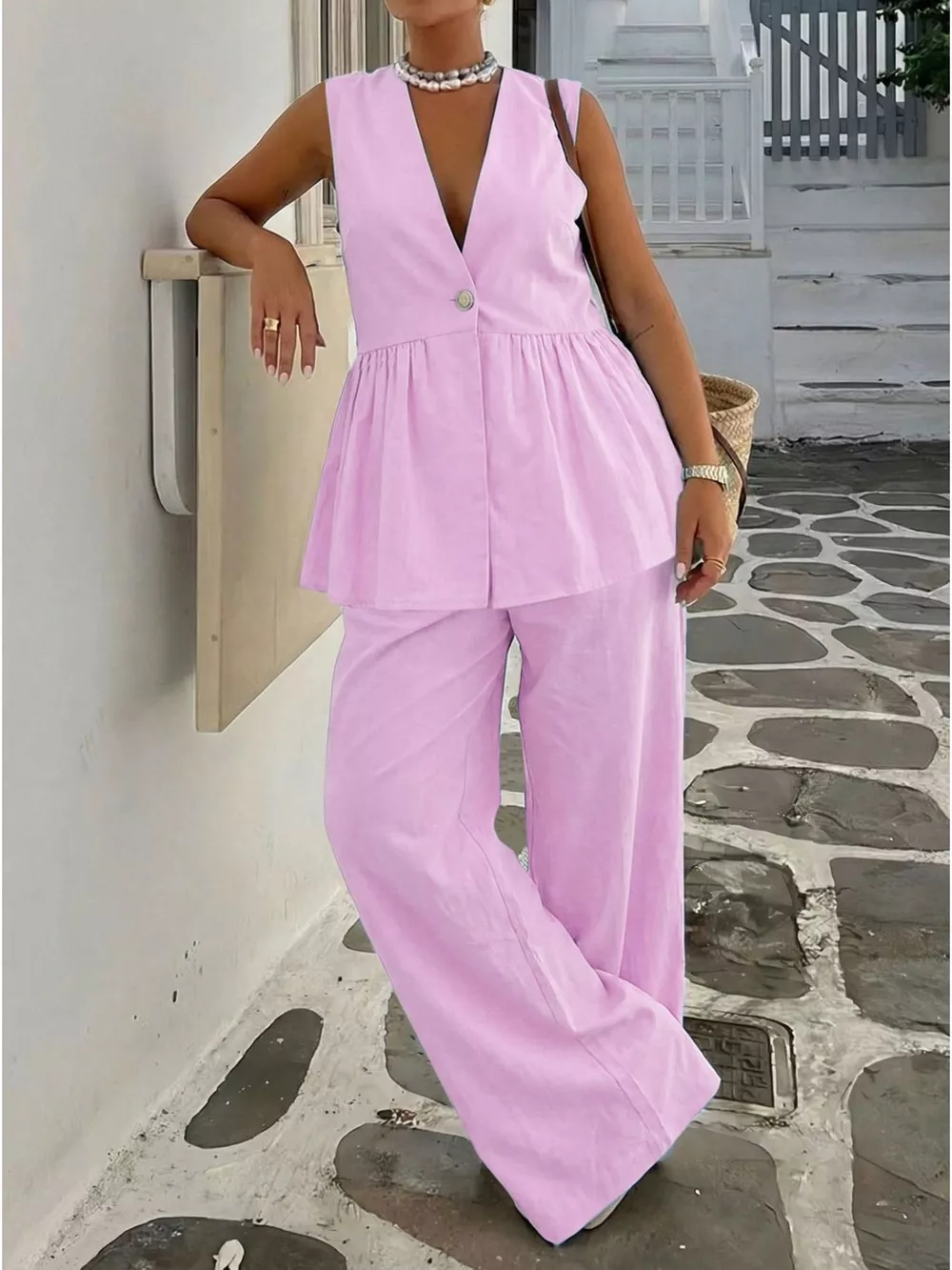 V-Neck Sleeveless Peplum Top and Wide-Leg Pants Set, image 6