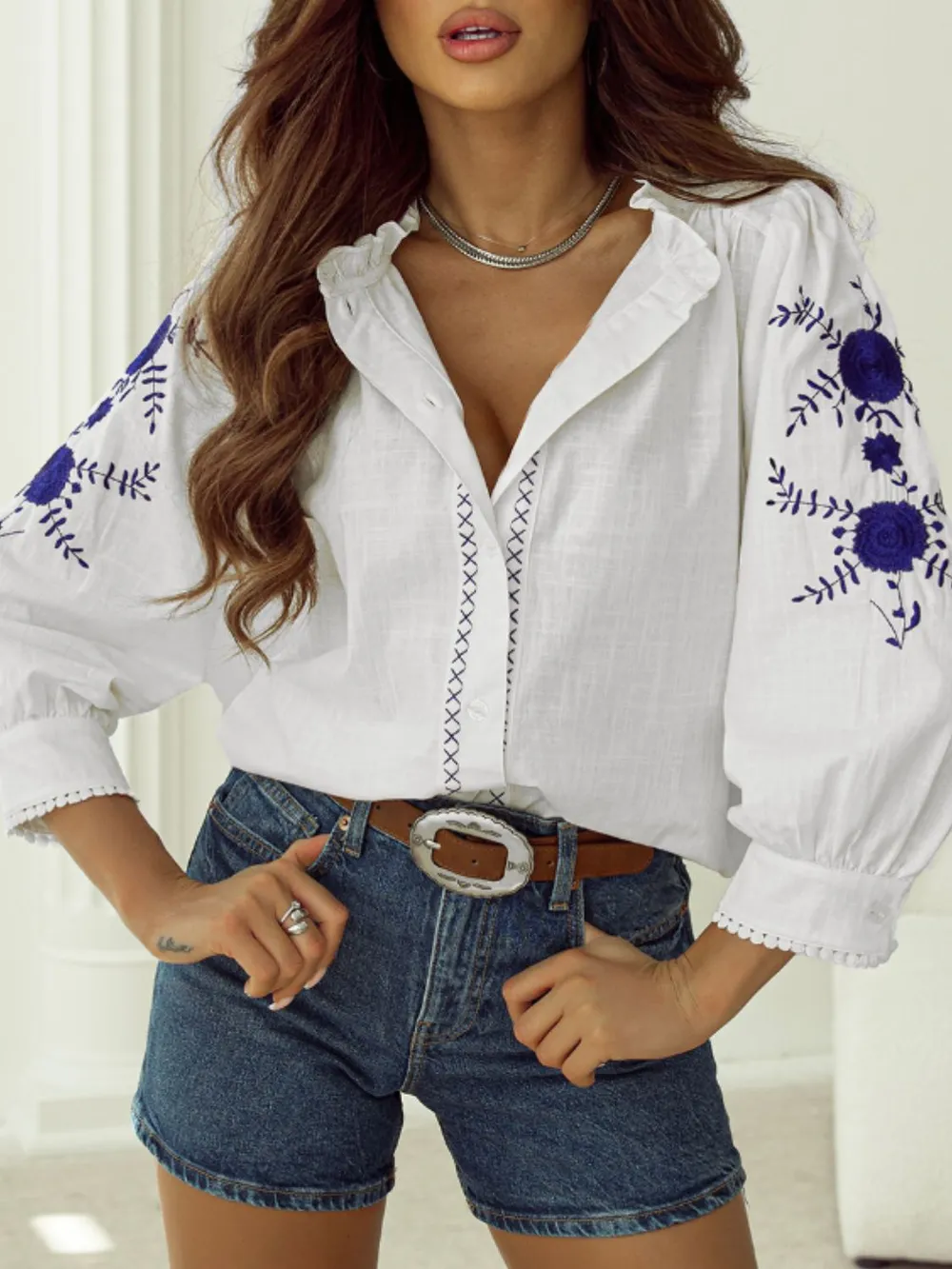Frill Floral Embroidered Sleeve Shirt, image 8