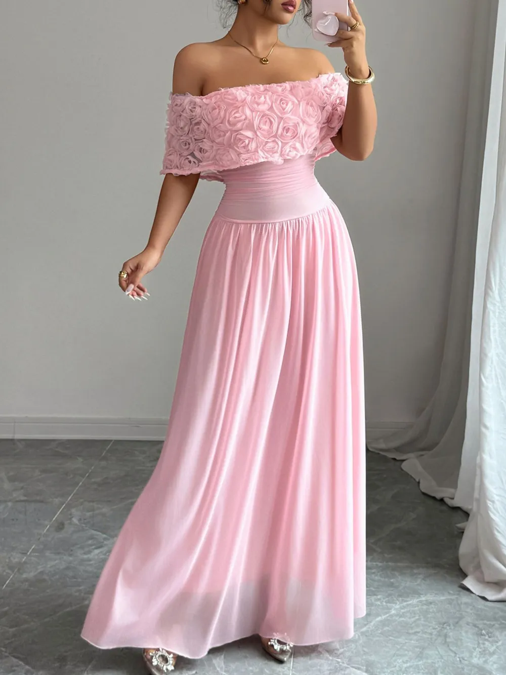 Off-Shoulder Rose Embellished Maxi Dress